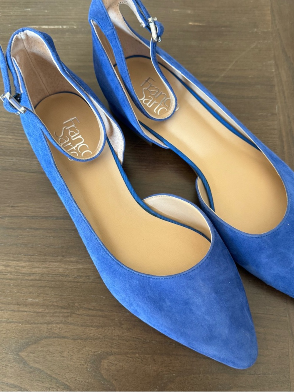 Franco Sarto Blue Suede Flats Pointed Toe Ankle Strap Size 8.5 - Picture 2 of 6